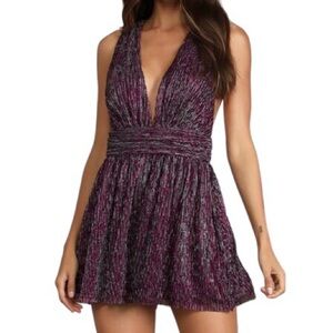 Lulu's Shining Sensation Sparkly Magenta and Silver Twist Back Romper Size S NEW